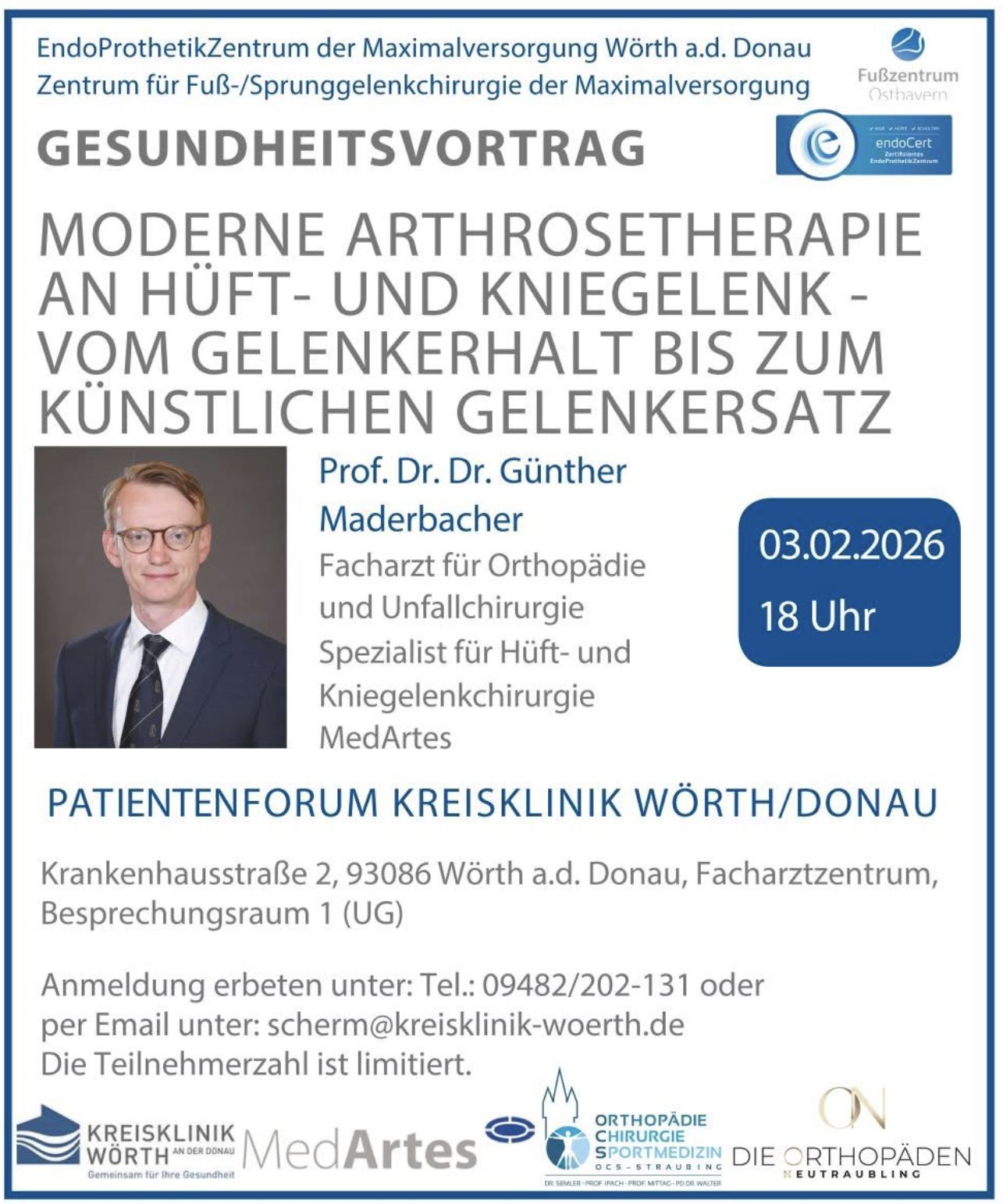 Gesundheitsvortrag 03.02.2026: Moderne Arthrosetherapie an Hüft- und Kniegelenk
